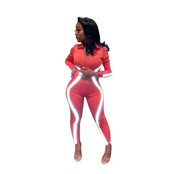 

Women Fashion Jumpsuit Fluorescent Strip Stitching Night Vision Casual Shining Jumpsuit 2019 New Tight OL Summer