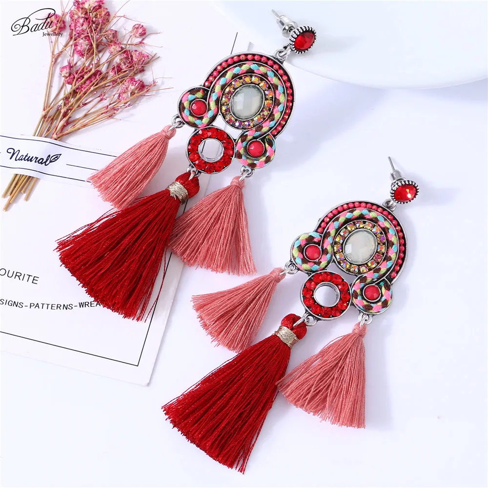 

Badu Ethnic Earring Red Colorful Crystal Beads Chinese Style Big Exaggerated Fashion Jewelry Christmas Party Earrings