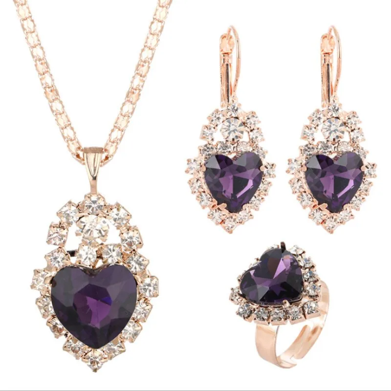

Bohemian Heart Shaped Crystal Multicolor Optional Pendant Necklace Earrings Ring Set Ladies Anniversary Valentine's Day GiftA364