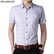 R.N.J. Chest Pocket Small Plaid Shirts Mens Clothes Short Sleeve Mens Dress Shirts Casual Slim fit Men Social Shirt