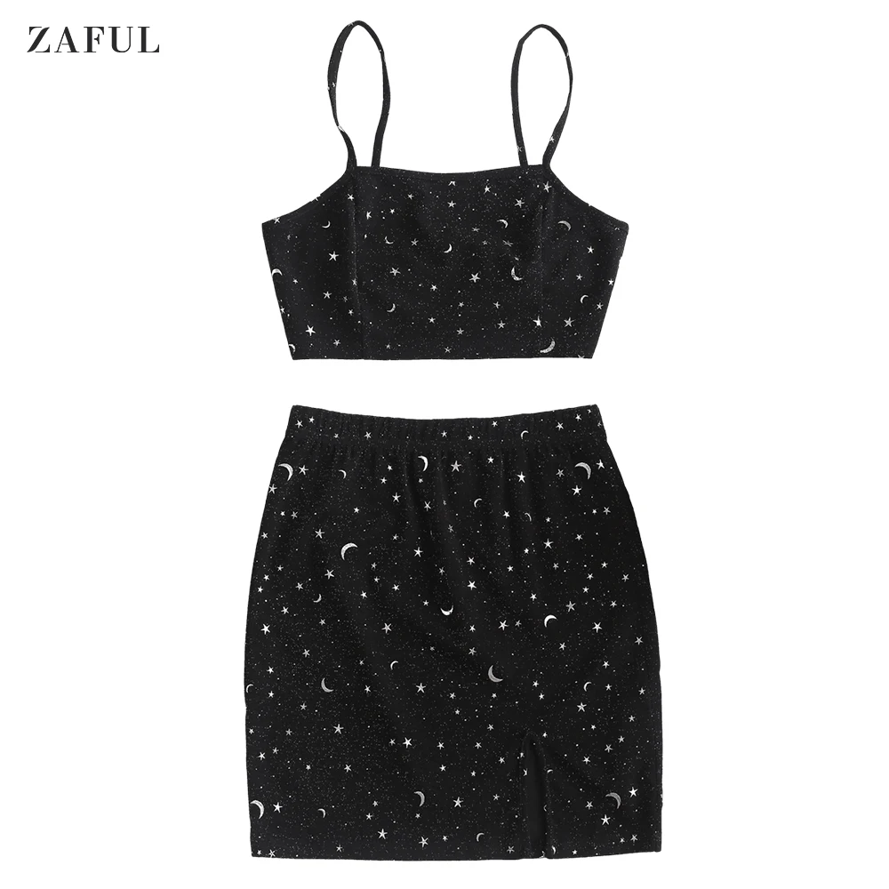 

ZAFUL Party Club Sexy Summer Women Sets 2 Pieces Moon Star Print Sparkle Slash Neck Sleeveless Slim Femme Crop Tops Mini Skirts