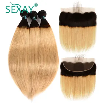 

SEXAY 1B/27 Honey Blonde Hair Bundle Ombre Brazilian Straight Hair Bundles With Closure Remy Human Hair 2/3 Bundles With Frontal