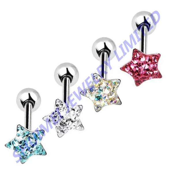 

4Pcs Crystal CZ Star Special Coated Ferido Gem Ball Tounge Ring - Gems CAN'T fall out! Piercing Body Jewelry