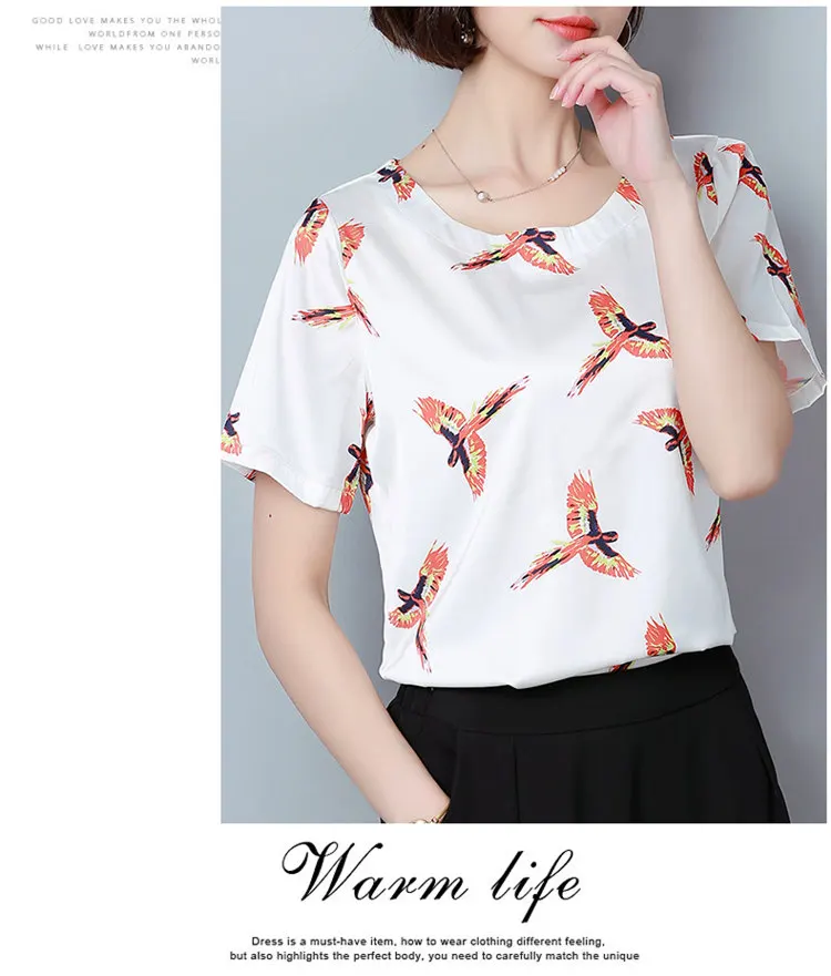 New Summer Tops Ladies 2018 Fashion Birds Print Blouses Women Short Sleeve Chiffon Blouse Shirt Casual Large Size Blusa Mujer Ete (4)