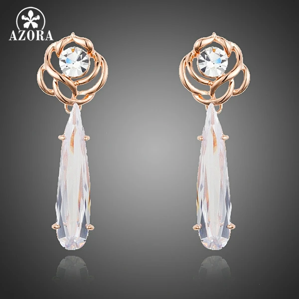 AZORA Elegant Attractive Rose Gold Color Long Clear Cubic Zirconia Water Drop Earrings for Women TE0218