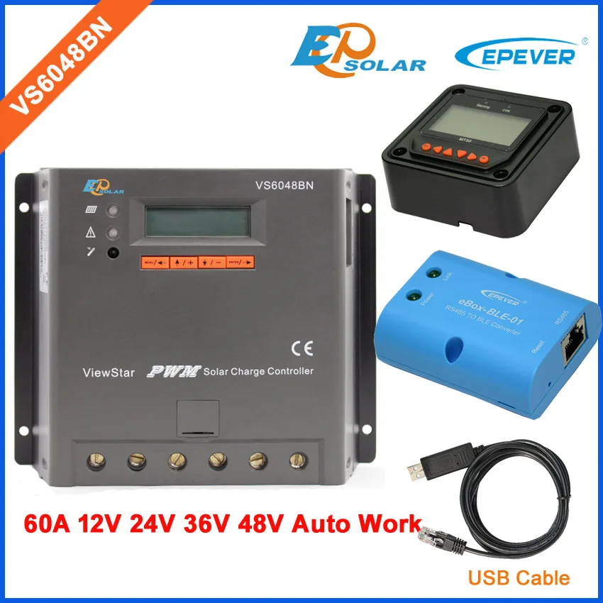 

36V PWM charge control solar panel system regulator bluetooth BOX VS6048BN MT50 meter and USB cable 60A 60amp
