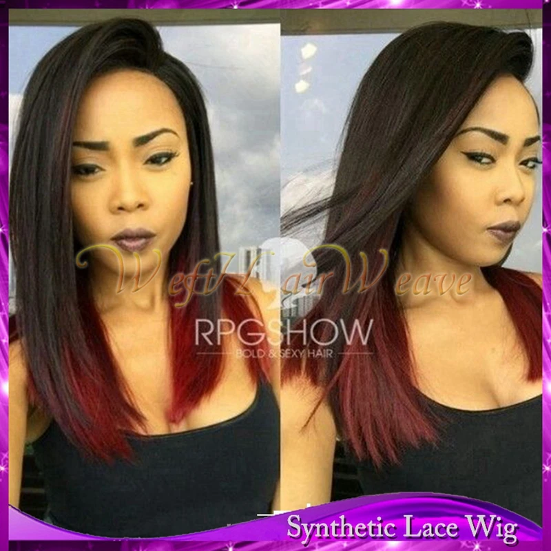 Fashion Ombre Dark Red Straight Long Bob Silky Synthetic