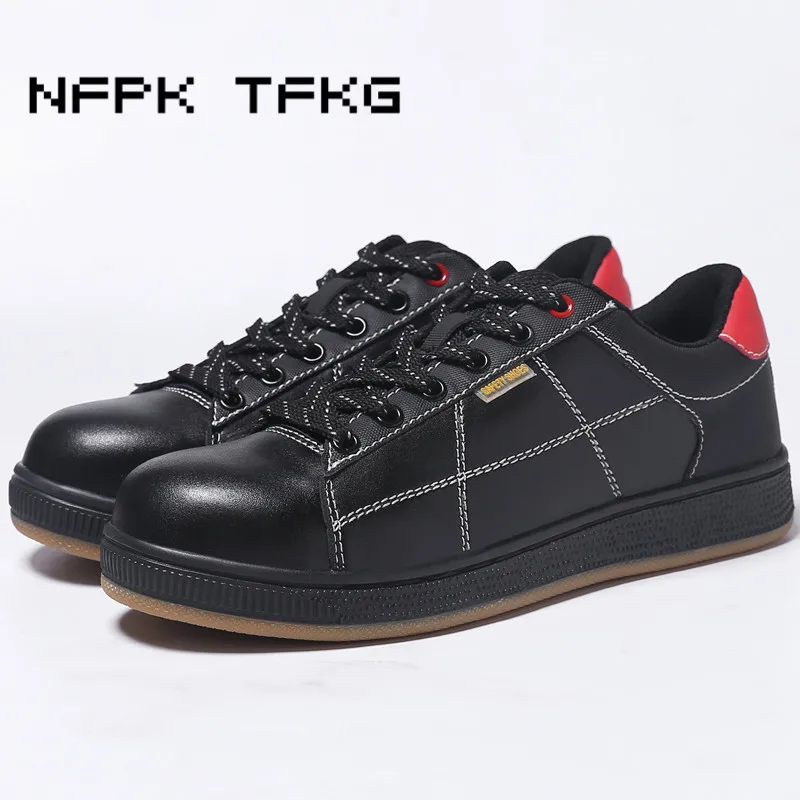 

men fashion steel toe caps working safety shoes large size flats platform soft leather tooling security boots anti-puncture male