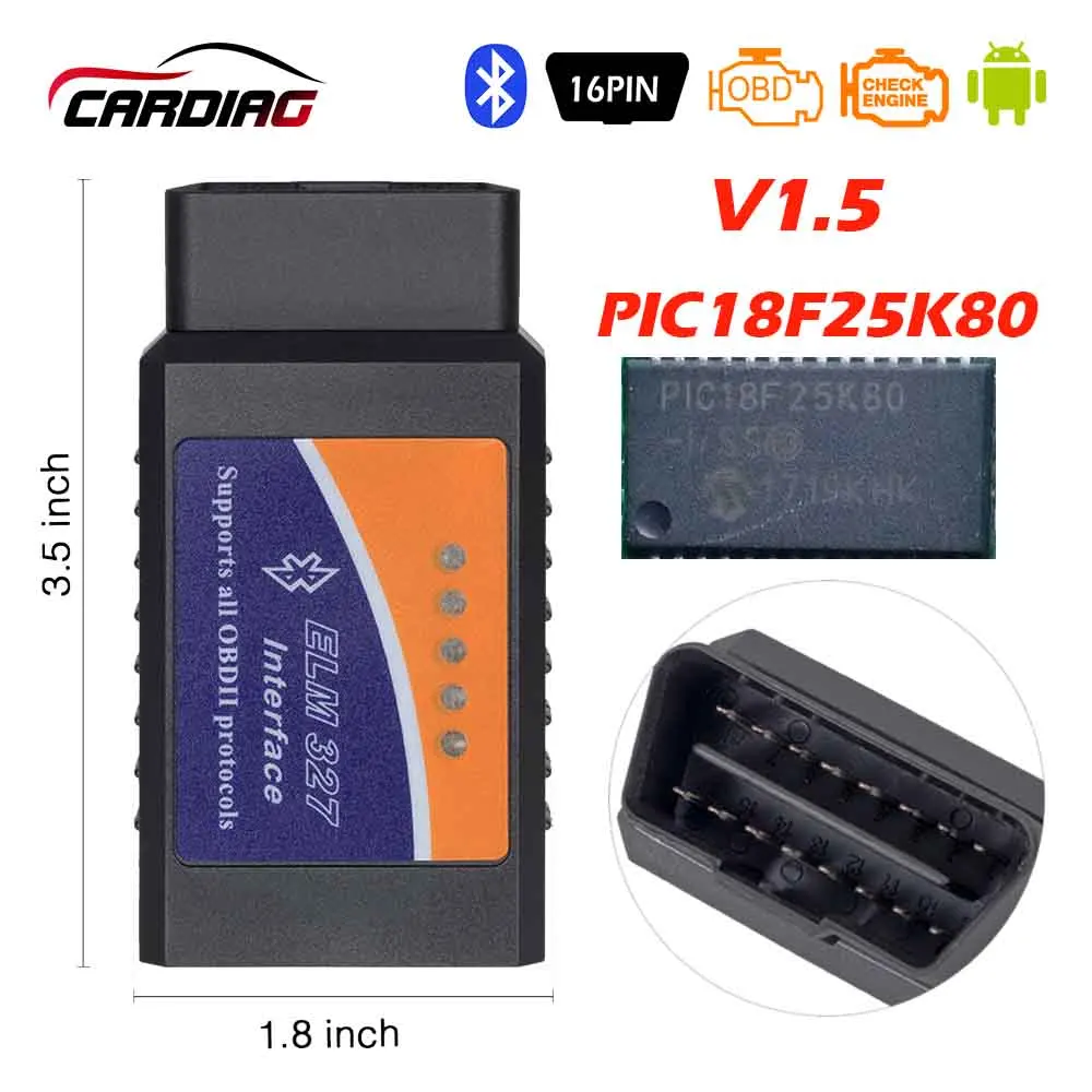 Диагностический прибор ELM327 V1.5 Bluetooth/Wi Fi с чипом PIC18F25K80 поддерживает OBD II протокол