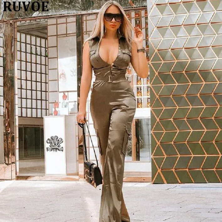 2018 New Arrival Fashion Women V-neck Elegant Jumpsuit Solid Brown Green White Sleeveless Summber Celebrity Party Jumpsuit FD-66