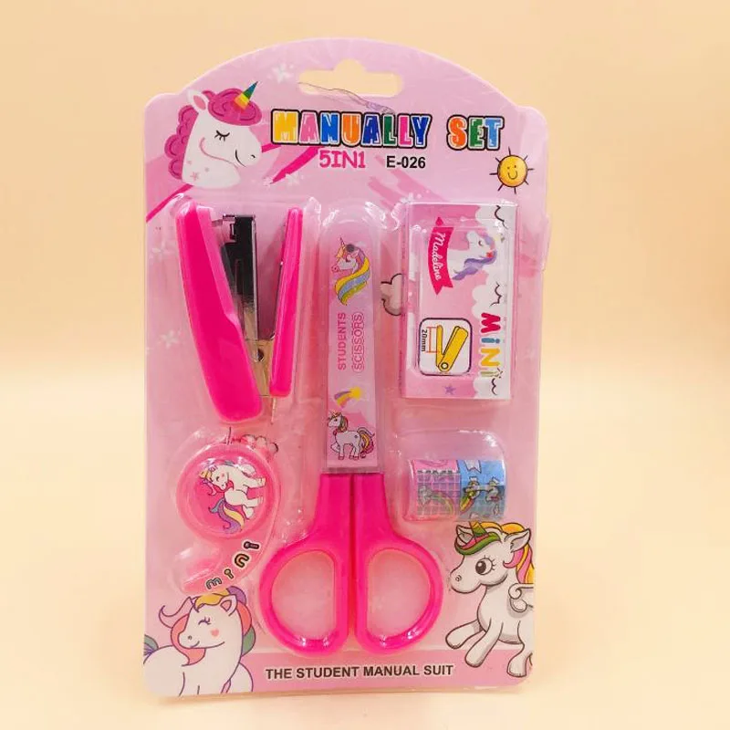 

5Pcs/Set Kawaii Hot Unicorn Flamingo Cartoon Stapler Staples Tape Holder Scissors Stationery Set Gift Stationery School Supplies