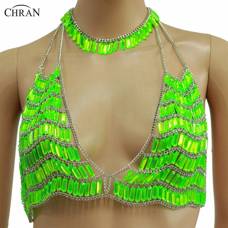 

Chran Chain Halter Top Body Harness Necklace Sexy Women Sequin Body Chain Bra Festival Costume