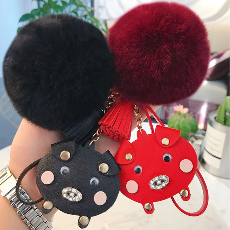 

Fashion Fluffy Pompom PU Leather Pig Keychain 12 Color Keyring Pompom Key Chain Pom Pom Key Ring Women Bag Charm Jewelry