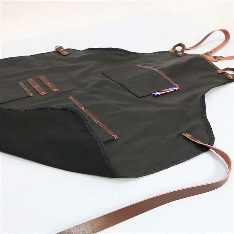 WEEYI Hair Salon Aprons Black Waterproof Cotton Leather Cross Back Barber Uniform Apron For Men Women Hairdresser Apron delantal
