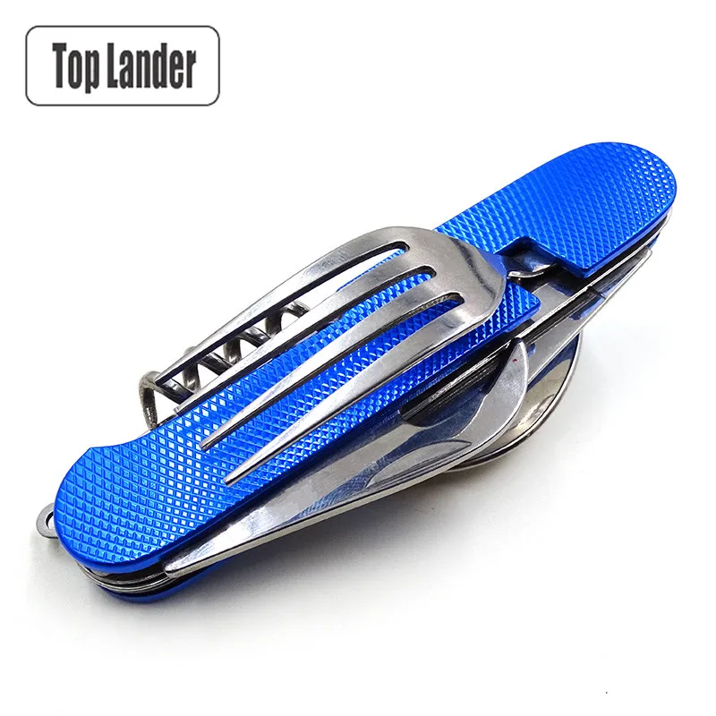 Portátil inoxidable tenedor cuchillo cuchara conjunto para acampar al aire libre senderismo 6 en 1 plegable mesa de Picnic bolsillo Mini cubiertos