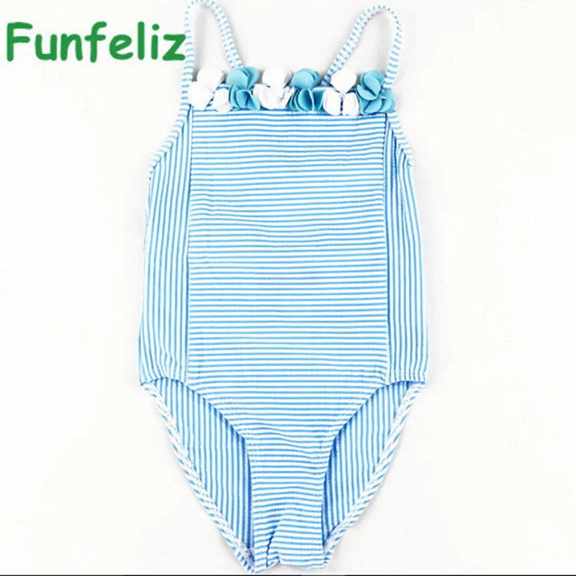 

Girls Swimwear 2016 cute baby girl bathing suit children one piece girl swimsuit blue striped swim costume for girls kids 6M-11T