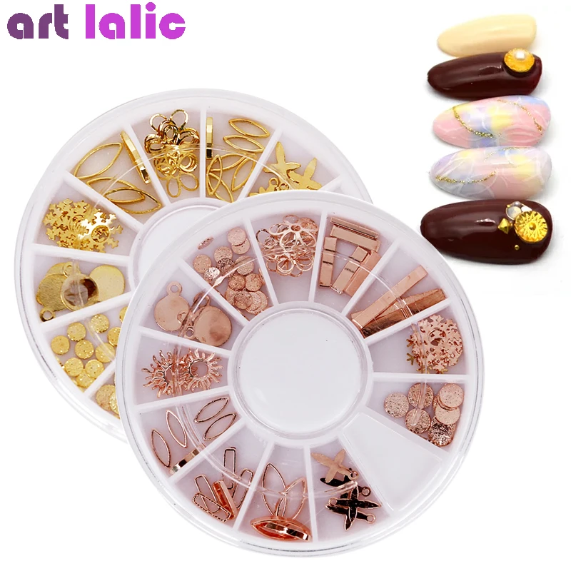 

Rose Gold Metal Slices Nail Art Decorations Sun Snowflake Leaf Designs 3D Nail Tips Manicure DIY Nail Decoration In Wheel
