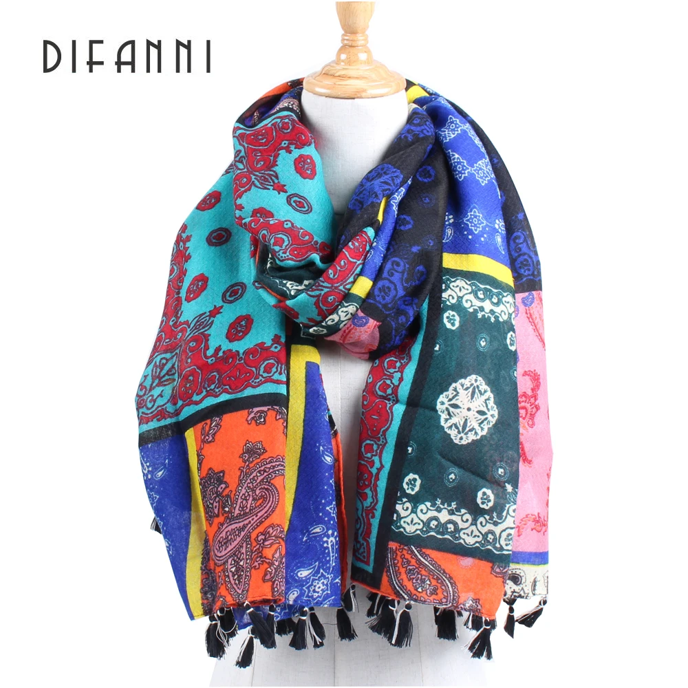 [DIFANNI] Luxury Scarves & Wraps for Women Brand Foulard Female Long Shawl Cotton Fringes