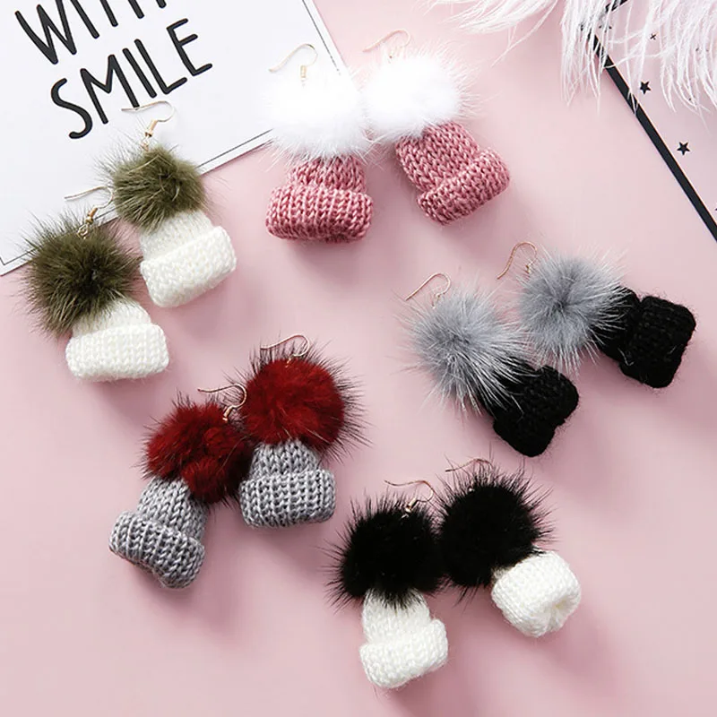 

2018 Korean Sweet Knitted Hat Drop Earrings Cute Pompom Fur Ball Dangle Earring for Women Girls Party Jewelry Christmas Gift