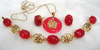 

charming green/red jade -black agate mixed bracelet/earring/ring set>>18K GP Plated gold Bridal wide watch wings queen JEWE