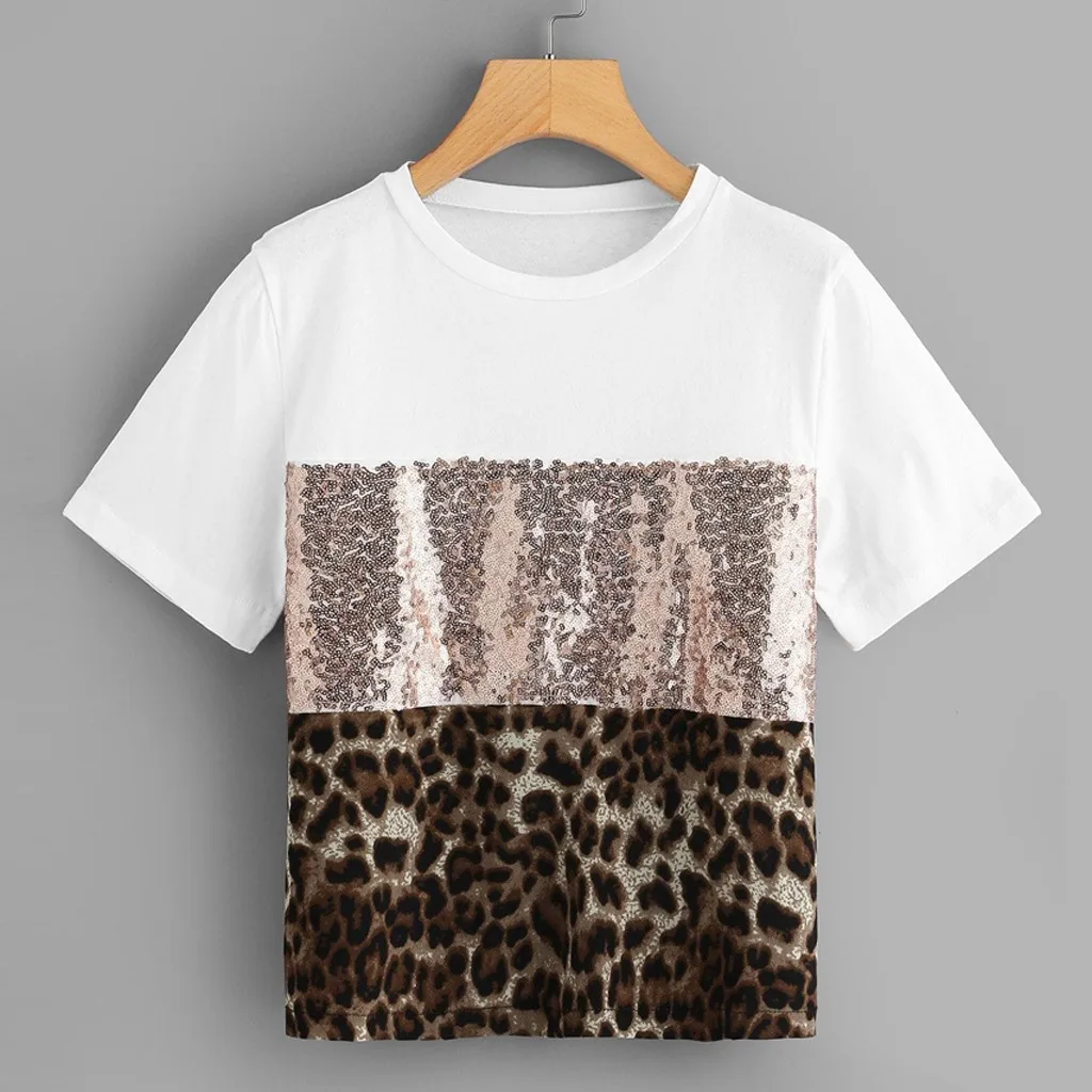 Модная женская Повседневная футболка Pacthwork с леопардовым принтом и блестками с круглым вырезом