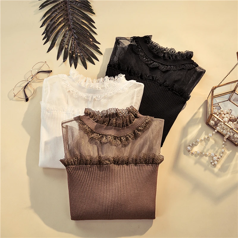 Online 2019 primavera otoño nuevo encaje ahuecado Sexy ver a través de Patchwork de manga larga Delgado inferior suéter mujer moda