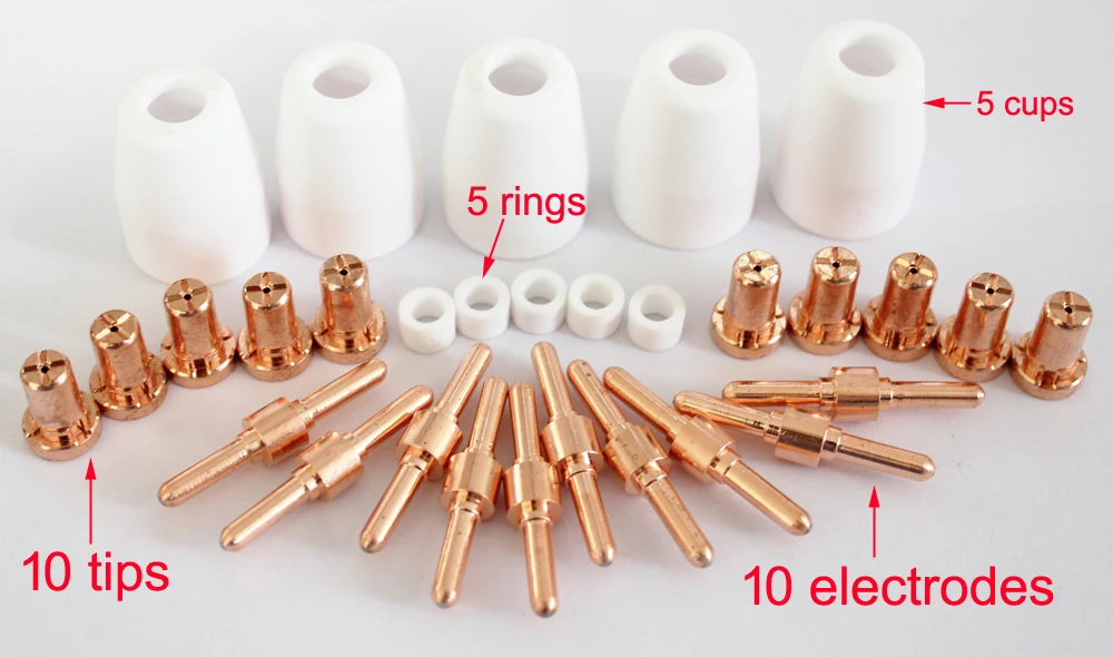 Parts PT-31 cutting torch consumable for CUT45 CUT50i CUT50D, Accessories 10 electrodes 10 tips 5 swirl ring 5 cups Parts PT-31 cutting torch consumable for CUT45 CUT50i CUT50D, Accessories 10 electrodes 10 tips 5 swirl ring 5 cups