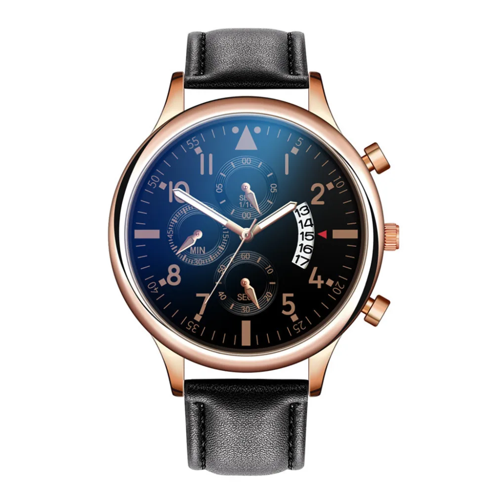 

New Geneva Men's Watches Three-eye Large Dial Calendar Watch Rose Gold Alloy Fashion Quartz Wrist Leather Band Maschi Clock
