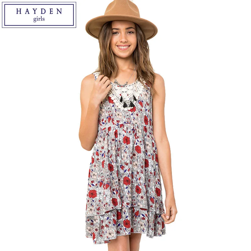 

HAYDEN Girls Sleeveless Flower Floral Print Dress Girl Kids Beach Tunic Dresses Tiered Layered Fluffy Dress Children Sundress