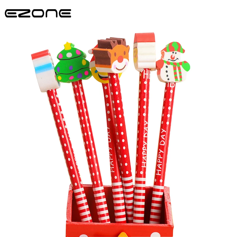 

EZONE 6PCS/Set Korean Creative Wooden Christmas Cartoon Pencil Standard Pencil Office Stationery Christmas Gift Random Delivery!