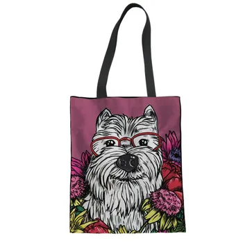 

ThiKin Floral Westie Canvas Handbags for Women Cute Unique Female Tote Bags Kawaii Teenager Girls Shopping Shoulder Bags