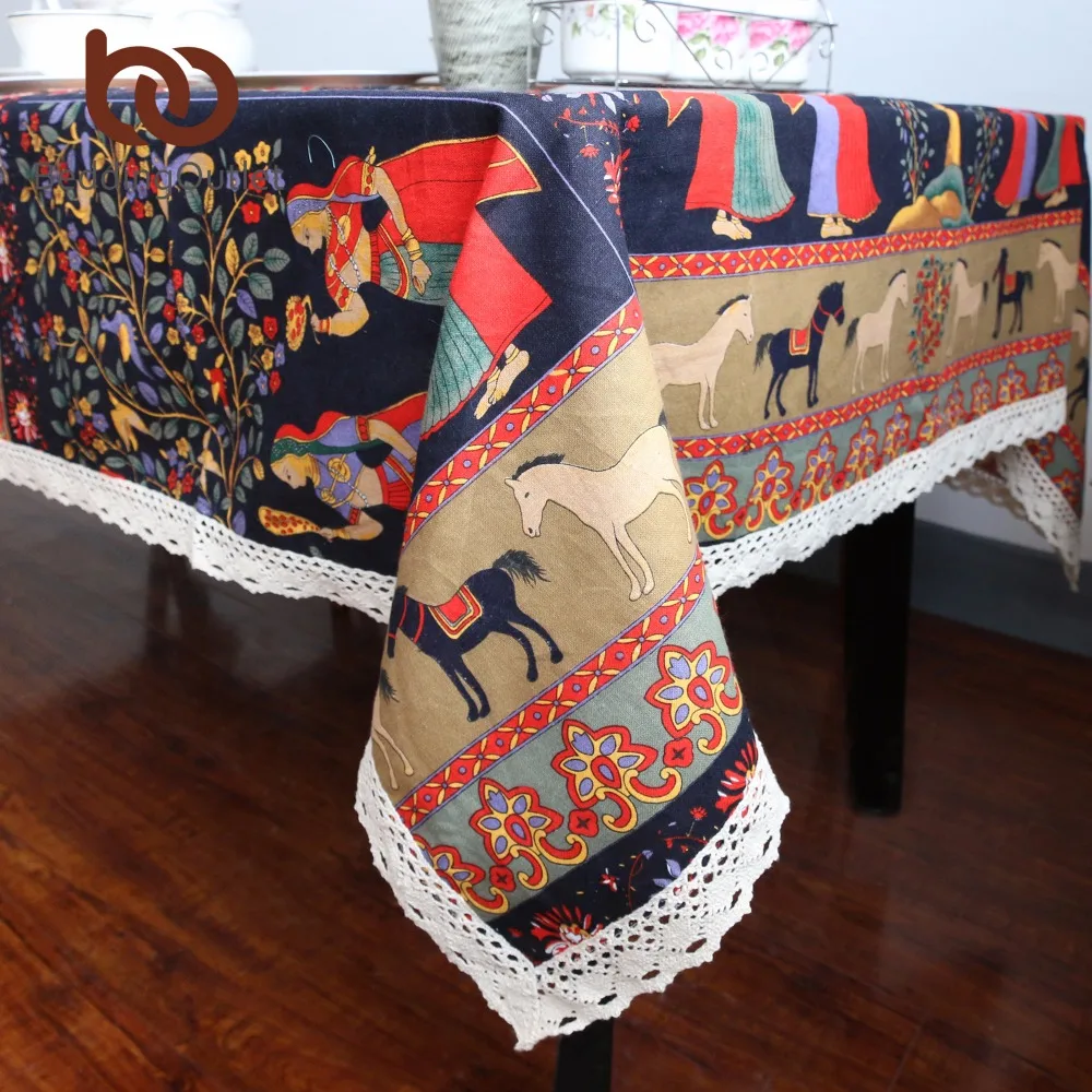 BeddingOutlet Ethnic Tablecloth Cotton And Linen Table Cover Multi Functional Table Cloth With Lace