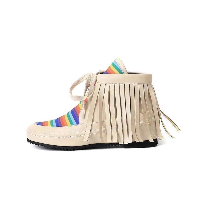 YOUGOLUN Ankle Boots 2018 New Autumn Ladies Tassel Flat Shoes Lace up Mixed Colors Brown Yellow Woman Round toe Boots #B073 Women's Shoes