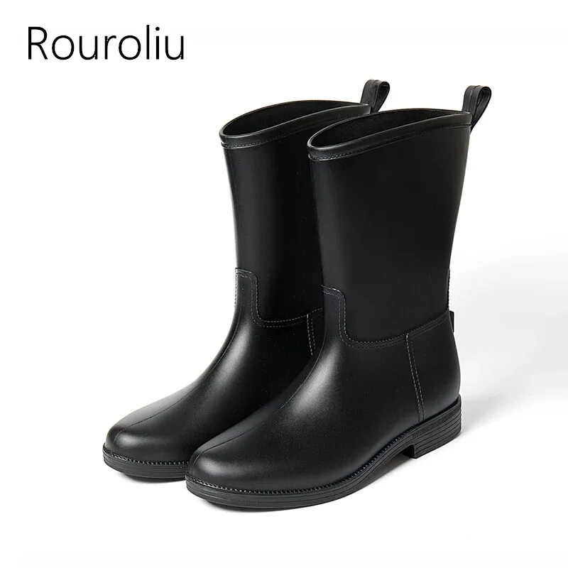 Rouroliu Women Nonslip Rain Boots Waterproof Water Shoes Slipon Woman