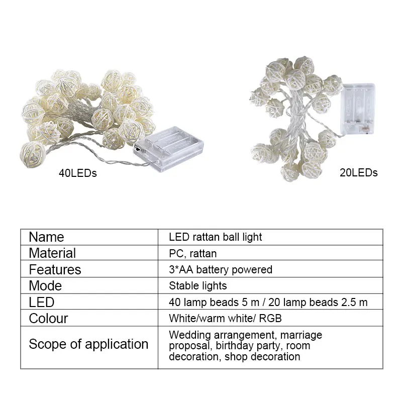20/40 светодиодный светильник из ротанга с шариками, гирлянда на батарейках, хлопковый шар, светильник на цепочке, Guirlande Lumineuse, Праздничный Рождественский светильник с шариками