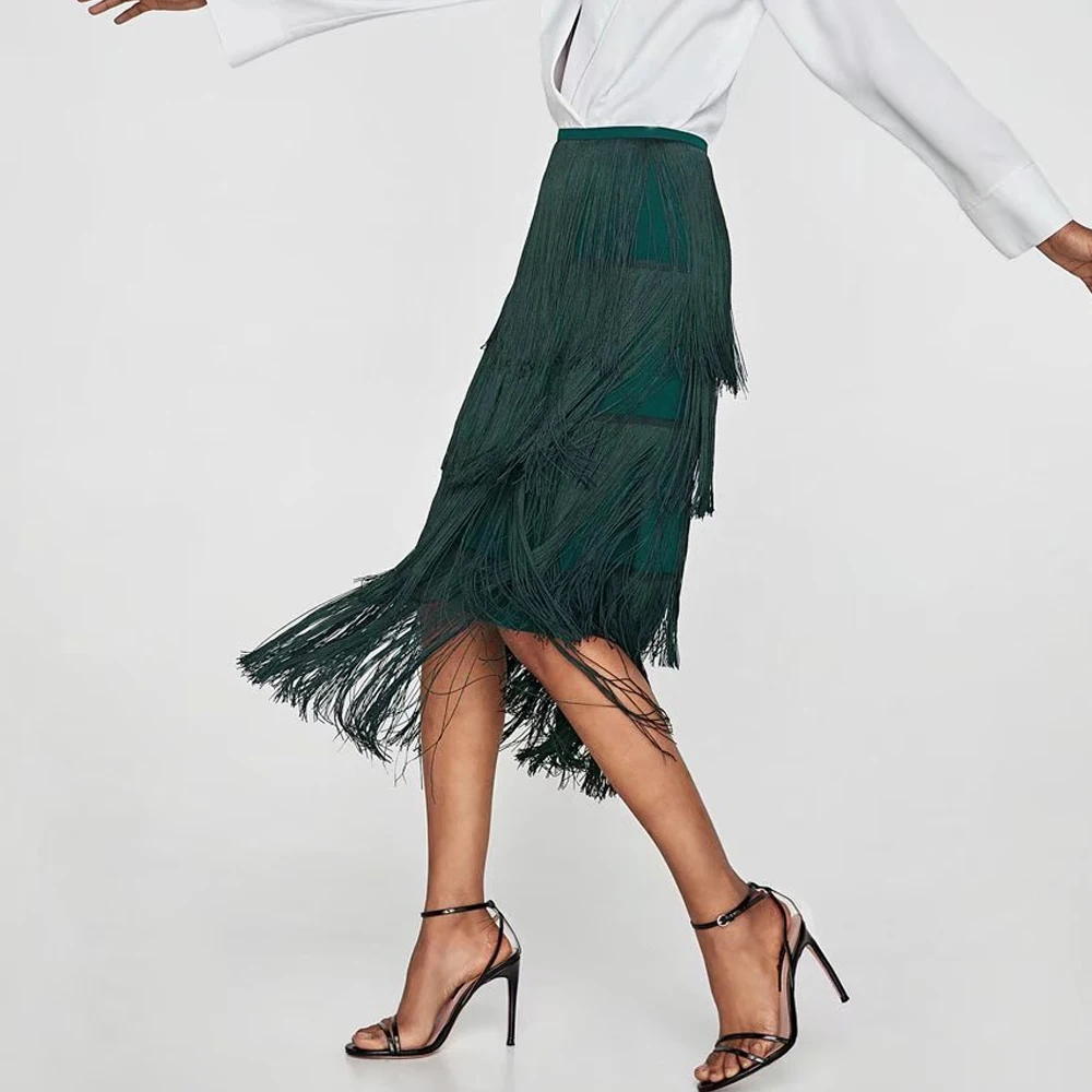 New Fringe Tassel Skirt Women Summer Long Splice High Waist Pencil