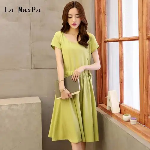 

Lace Girl Cotton and Linen Dresses Midi Solid Color Short Sleeve Dress For Women 2018 Spring Summer Dress Casual Vintage Dress
