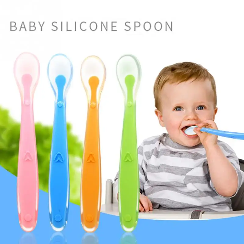 

New Arrival Candy Color Silicone Spoon 15CM Baby Soft Silicone Feeding Spoon Baby Spoon Tableware 4 colors