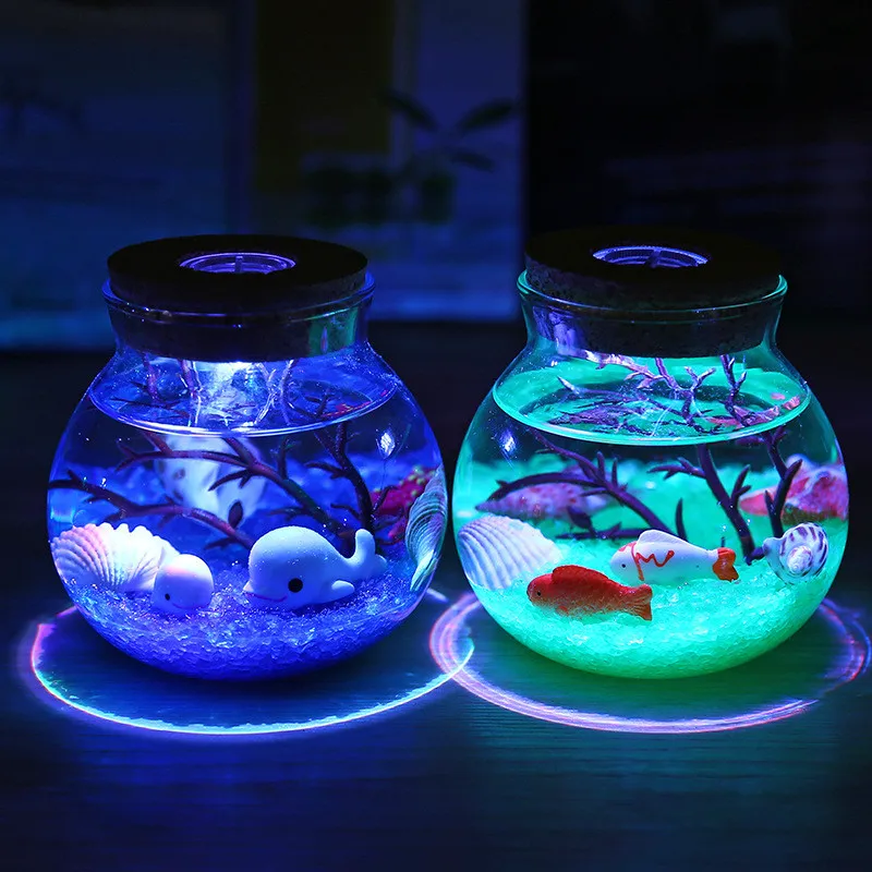 3D микро пейзаж DIY подводный мир стеклянная бутылка Ночной свет цветная морская