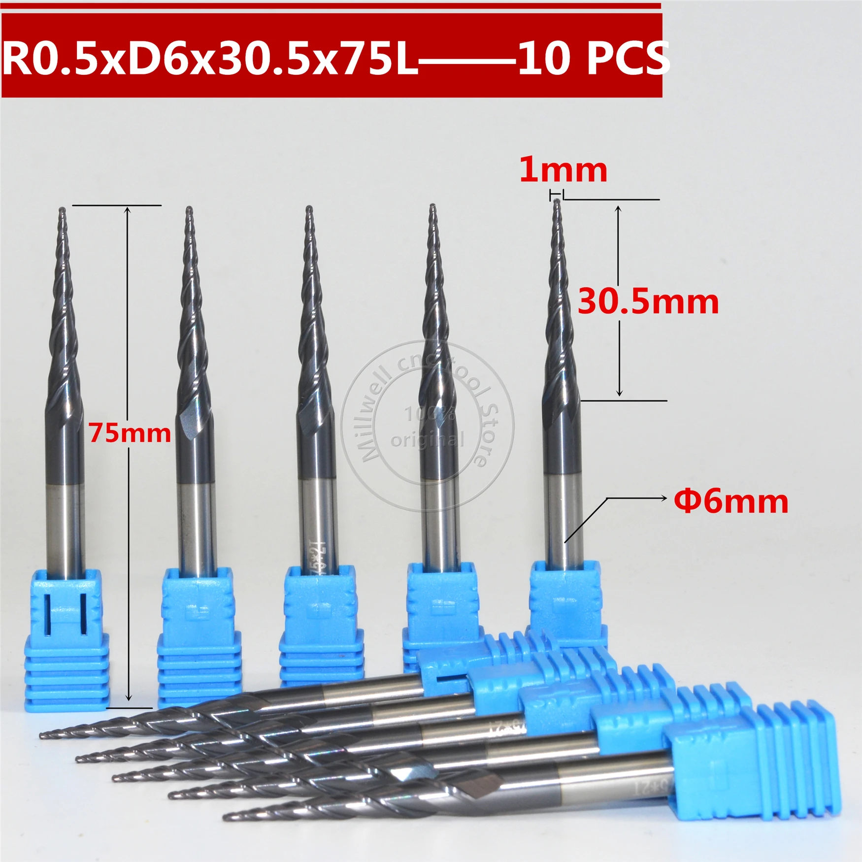 Бесплатная shipping 10PCS R0.5 * D6 30 5 75L 2F HRC55 твердосплавные конические концевые фрезы с