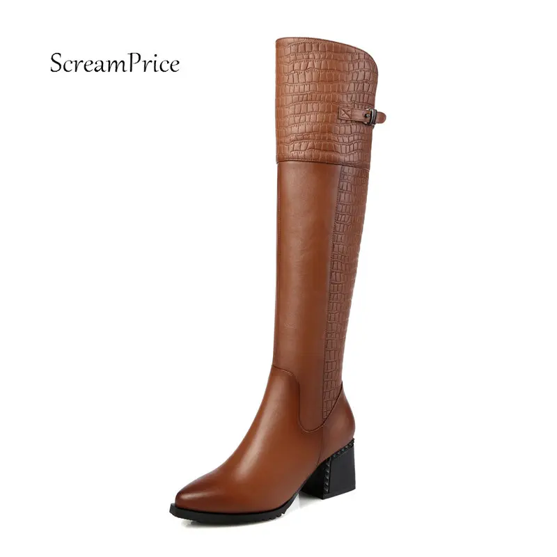 Retro Genuine Leather Knee High Boots Womens Winter Long Boots Comfortable Thick Heel Pointed Toe Shoes with Zipper Black Brown Retro Genuine Leather Knee High Boots Womens Winter Long Boots Comfortable Thick Heel Pointed Toe Shoes with Zipper Black Brown