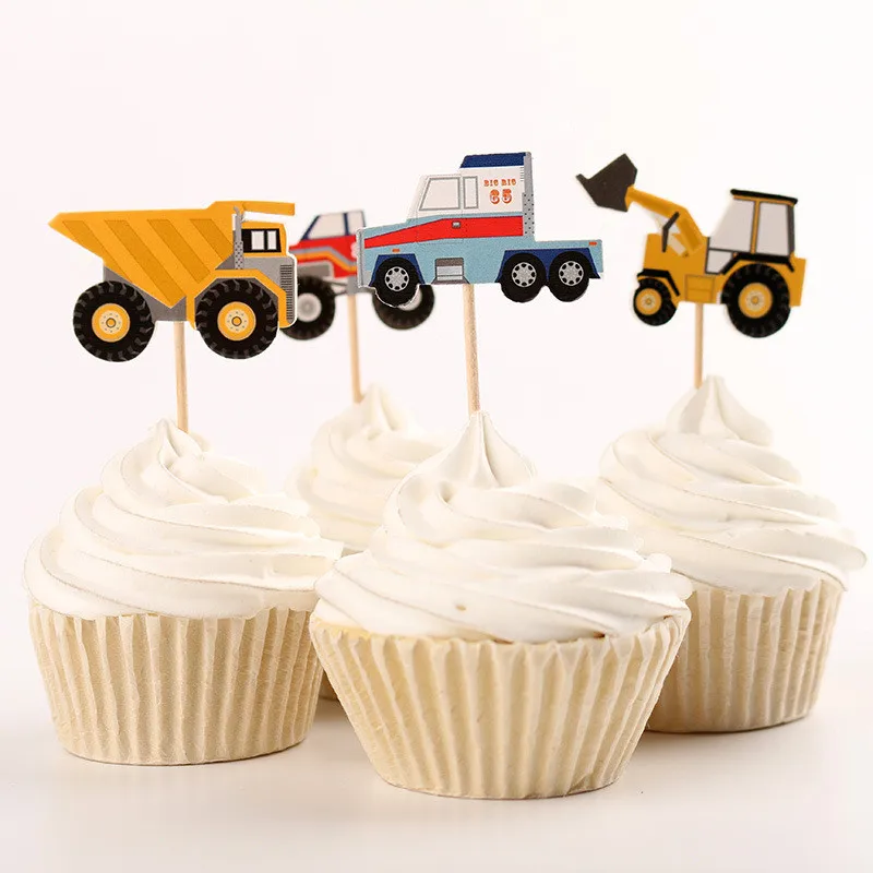 

24pcs/lot Random Style Engineering Vehicle Series Cupcake Topper Birthday Party Decorations Creative Wedding Cake Decor Supplies