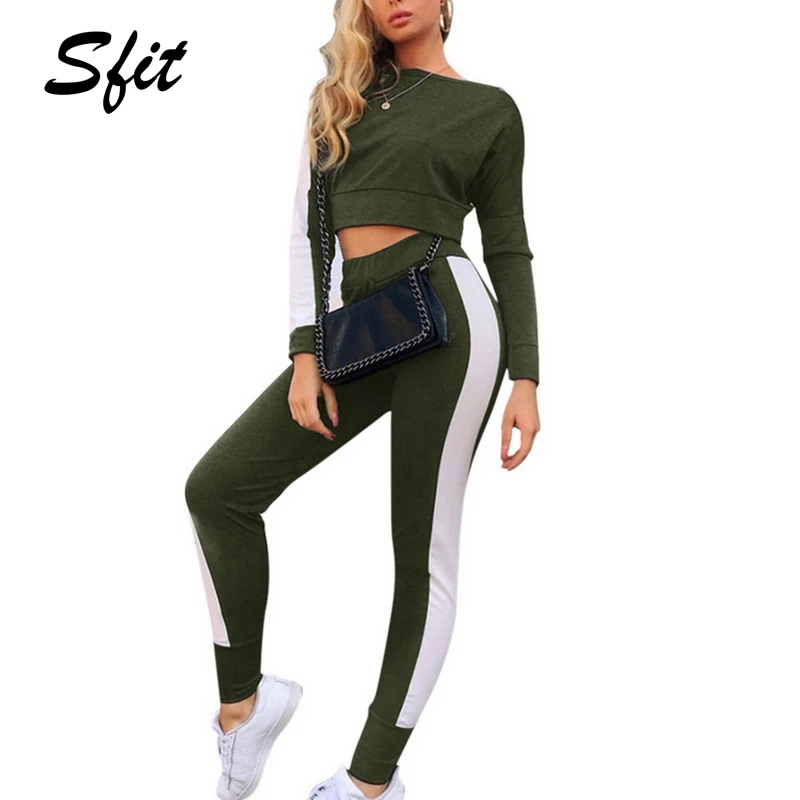 

Sfit 2019 Women's Stitching Sports Suit sexy Long-Sleeved Casual Wear Tracksuit Set Sweatshirts Joggers Crop Top Slim Pants