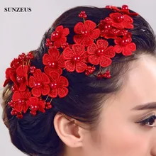 Красивые красные свадебные повязки на голову, кружевные жемчужины, красные цветы, головные уборы, свадебные аксессуары SQ0204