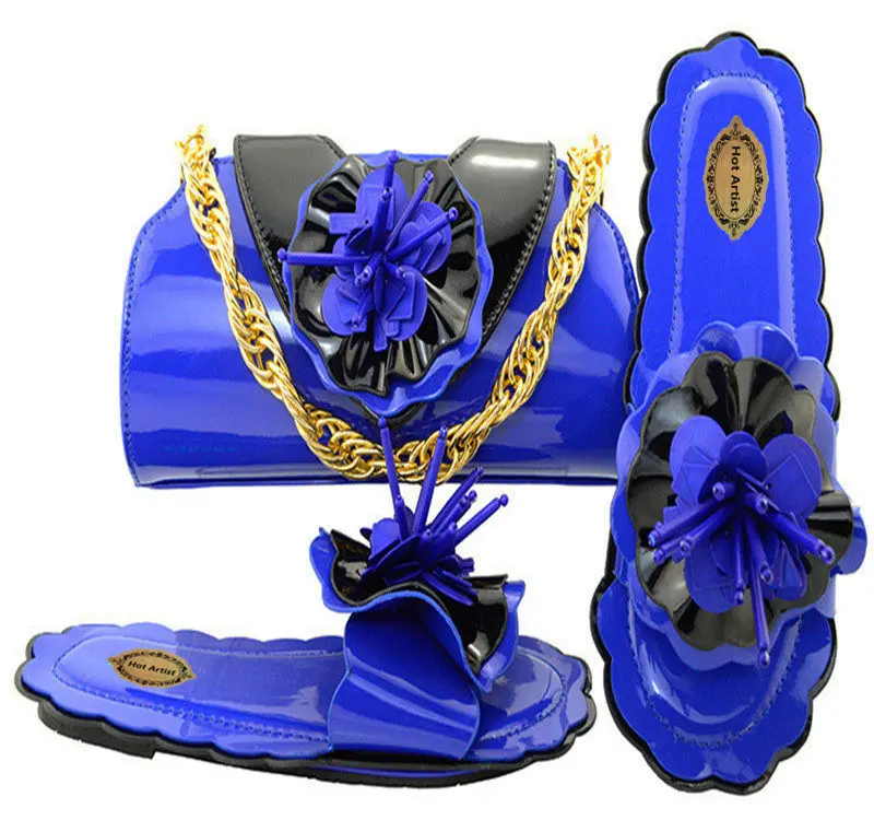 Новинка; модная женская обувь золотистого цвета в африканском стиле с сумочкой в комплекте; летний стильный комплект из обуви и сумки на низком каблуке; вечерние туфли - Цвет: Royal Blue