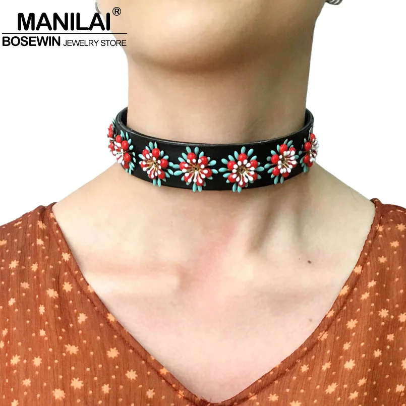Черное кожаное ожерелье MANILAI из сплава чокер с крутящим моментом и цветком