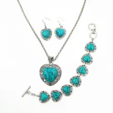 Vintage Women Turquoise Jewelry Set Tibetan Silver Turquoise Heart Pendant Necklace and Earrings Heart Love Bracelets Jewelry faux turquoise cow engraved jewelry set