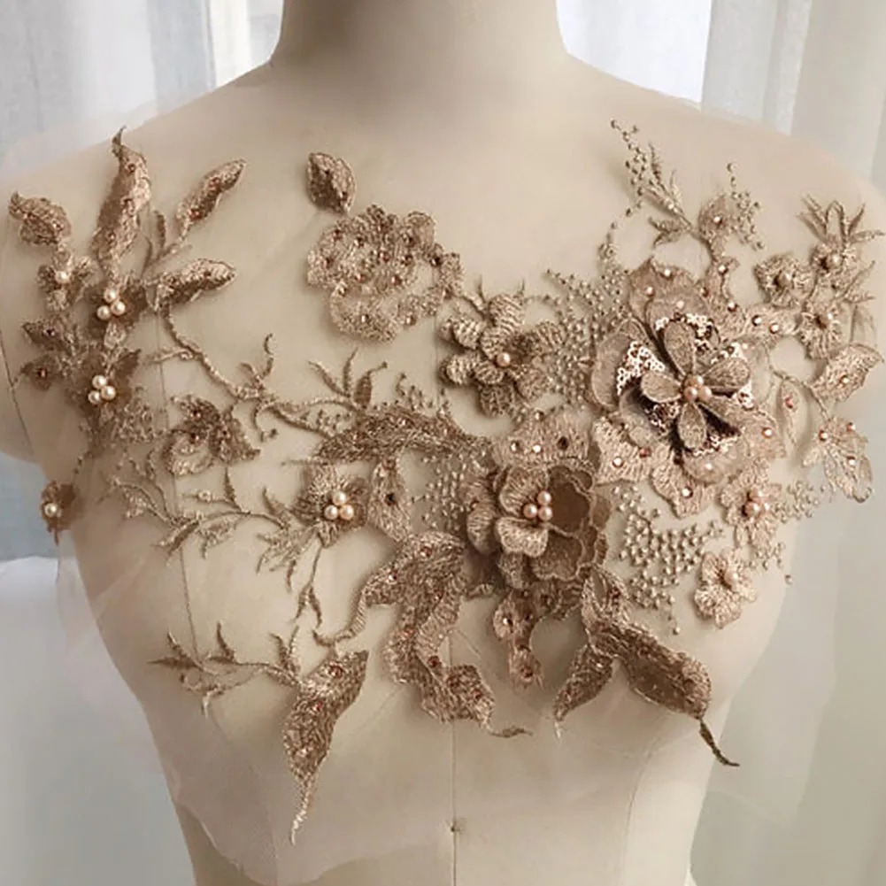 Свадебное платье 3D аксессуары ручной работы вышивка аппликация Тюль DIY Жемчуг кружево ткань бисером цветы нашивки наклейка для одежды - Цвет: Gold