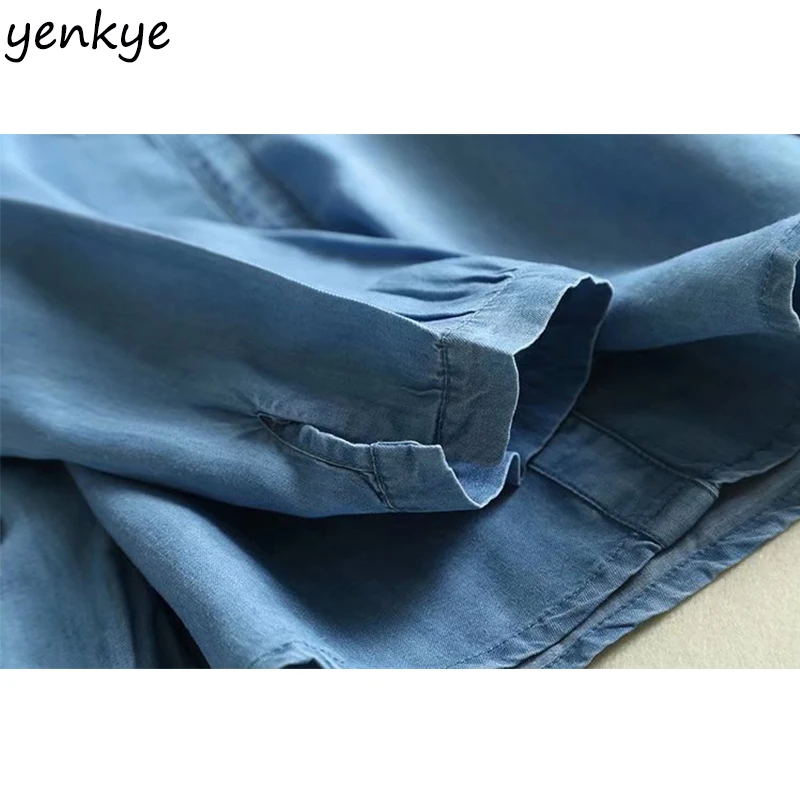 Лето 2019 г. цветочной вышивкой джинсовая ткань Tencel женская рубашка блузка с