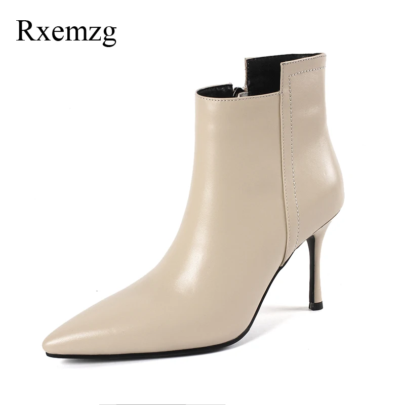 

Rxemzg new genuine leather simple elegant boots women pointed toe autumn ankle boots sexy high heels shoes woman plus size 33-43